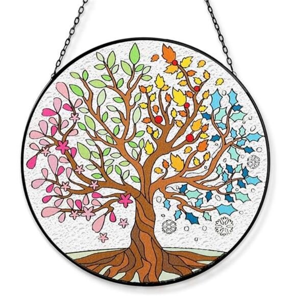 Big Size Tree of Life Stained Glass Suncatcher Four Season Theme Colorful Leaves - Picture 7 of 7